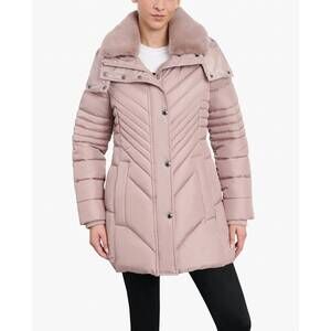 NEW LONDON FOG zip-front hooded puffer jacket with button-off fur collar in rose